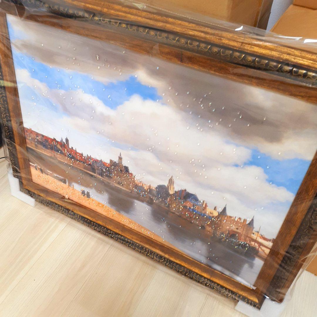 輸入雑貨　天然石　フェルメール作　『デルフトの眺望 』　水晶絵　クリスタルアート