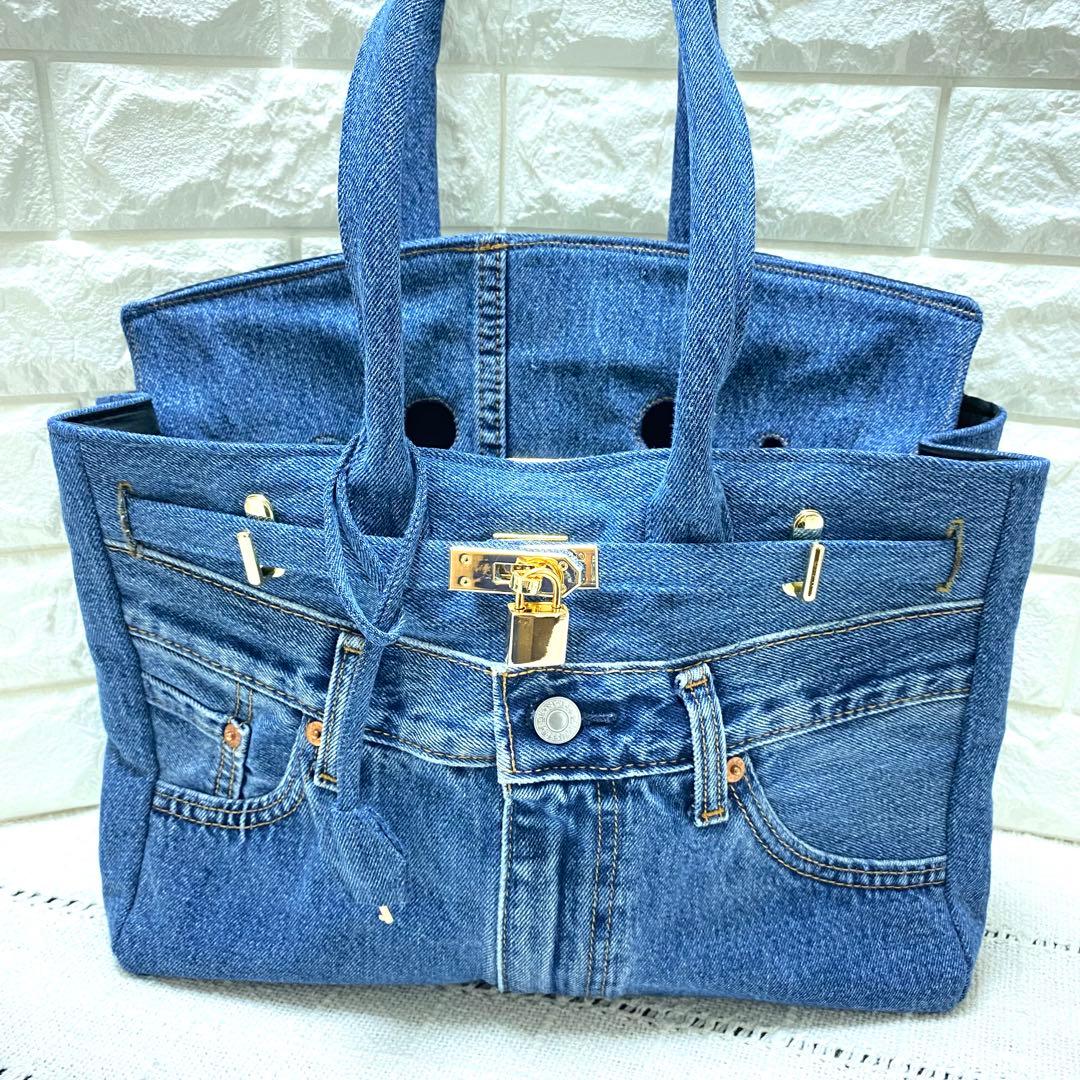 デニムリメイク フラップ付きトートバッグ　【Mサイズ】ミディアムブルー