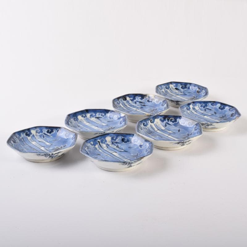 伊万里焼　古伊万里　染付　竹文　八角小皿　七客　時代箱付　C　R7593