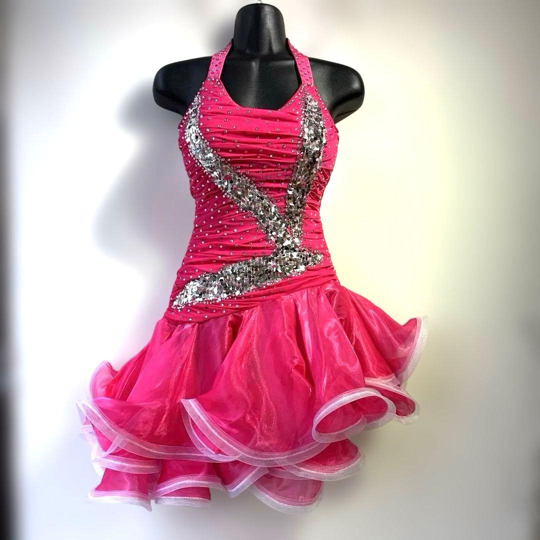 6318★ S ピンク ラインストーン スパンコール ラテンドレス 社交ダンス