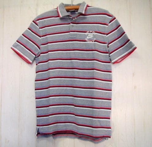 24642　ナイキ　メンズ　ポロシャツ　グレーＸ赤ほかボーダ－　サイズＸＬ