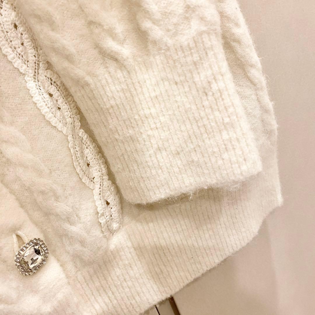 セルフォード 25SS アルパカ混 ケーブルレースデザインカーディガン 白