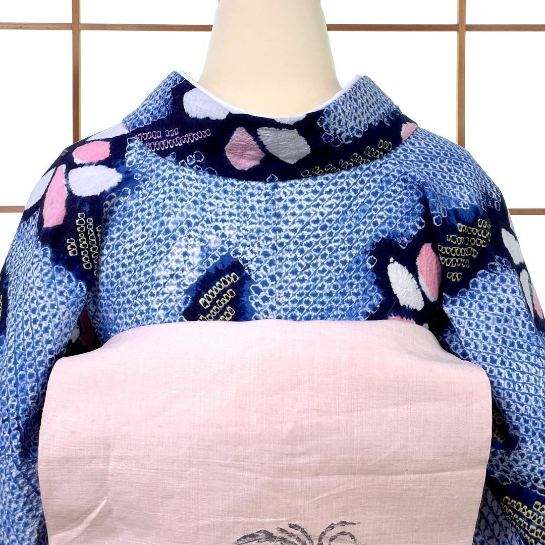 有松鳴海絞り 夏着物 浴衣 綿 菖蒲 水色 手縫い ビンテージ A-2390