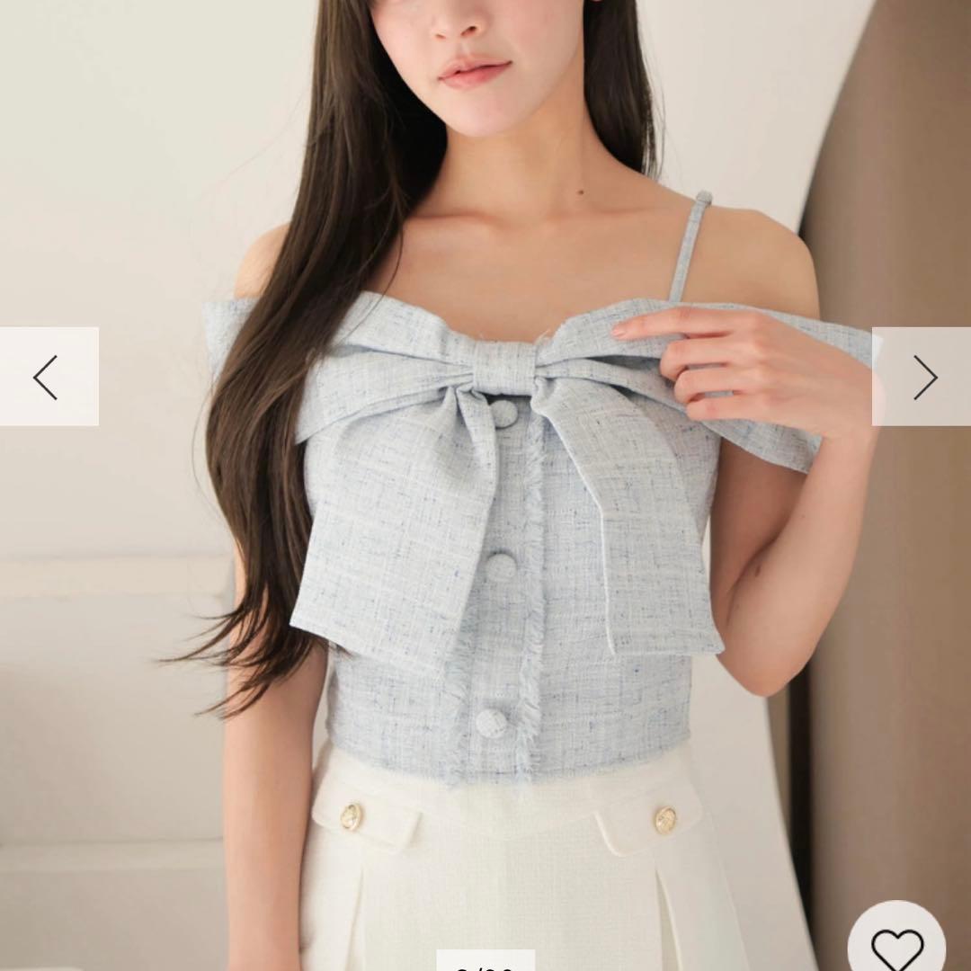 リップサービス ツイードリボンオフショルトップス ブルー