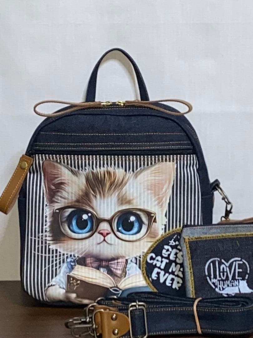 ハンドメイド☆岡山デニム♪ステンシル♪トラ猫☆リュック対応☆ミニボストンバッグ