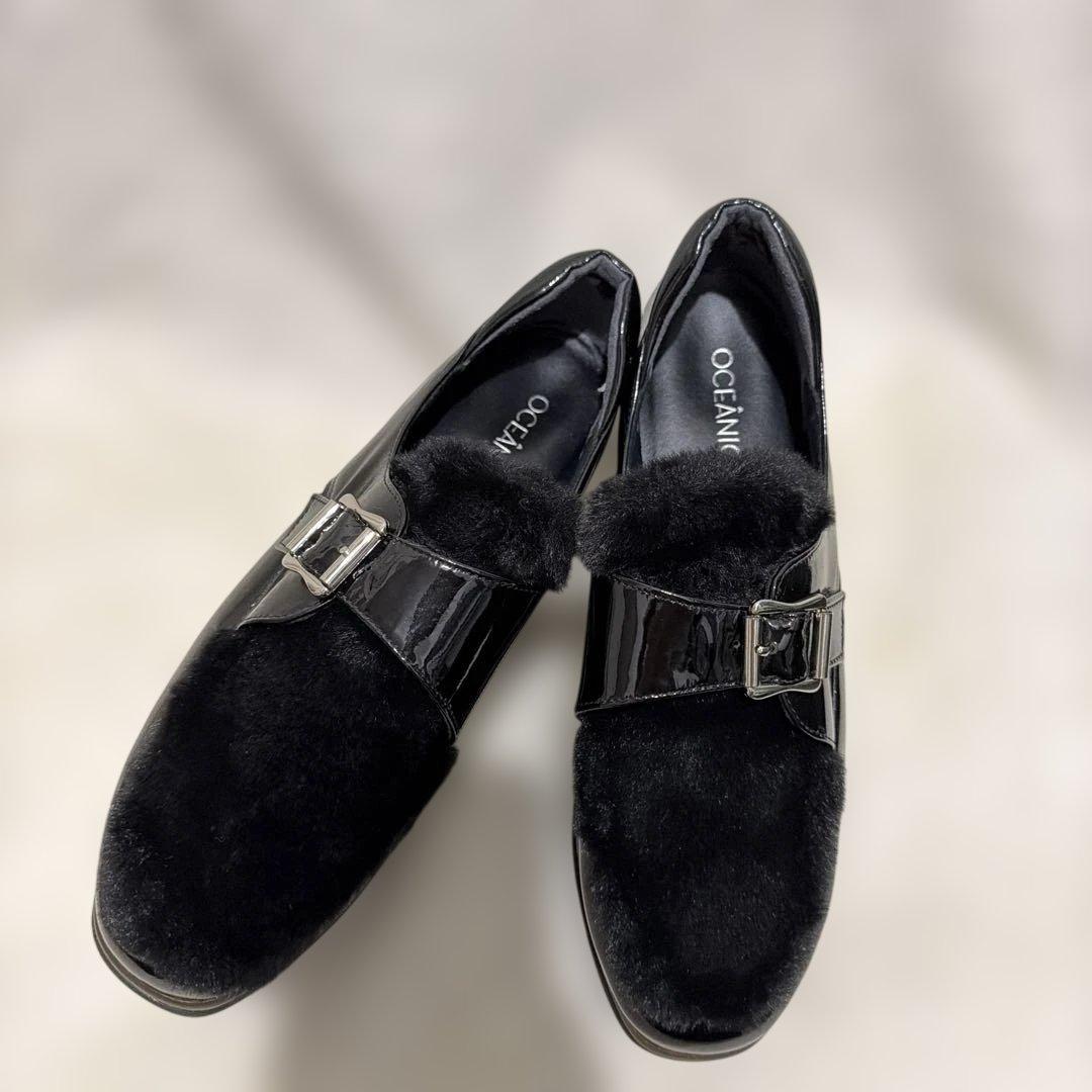 ヒルズアベニューOCEANICA ブラック エナメル ファー シューズ　厚底　黒