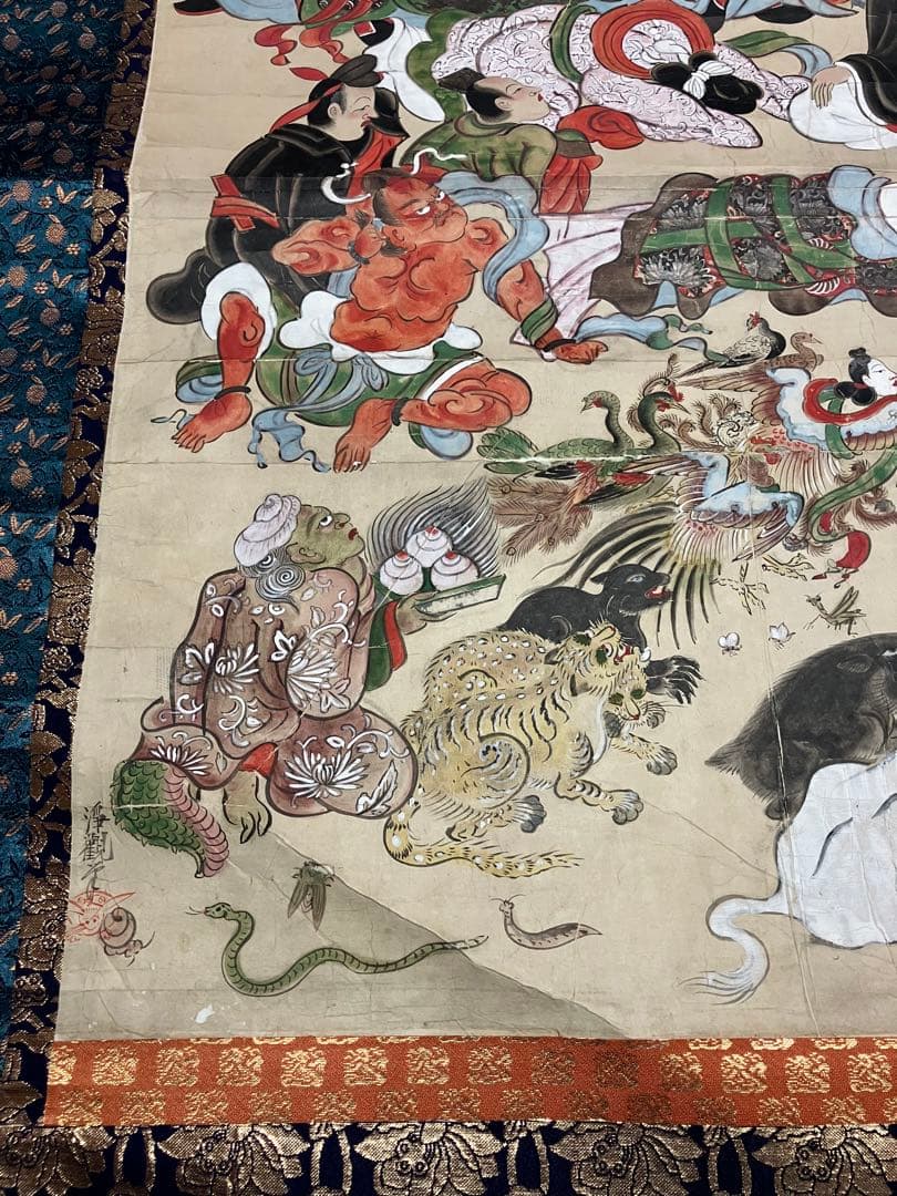 掛軸 超大幅 古仏画 『釈迦涅槃図』 紙本 肉筆 彩色 箱無 仏画 仏教美術