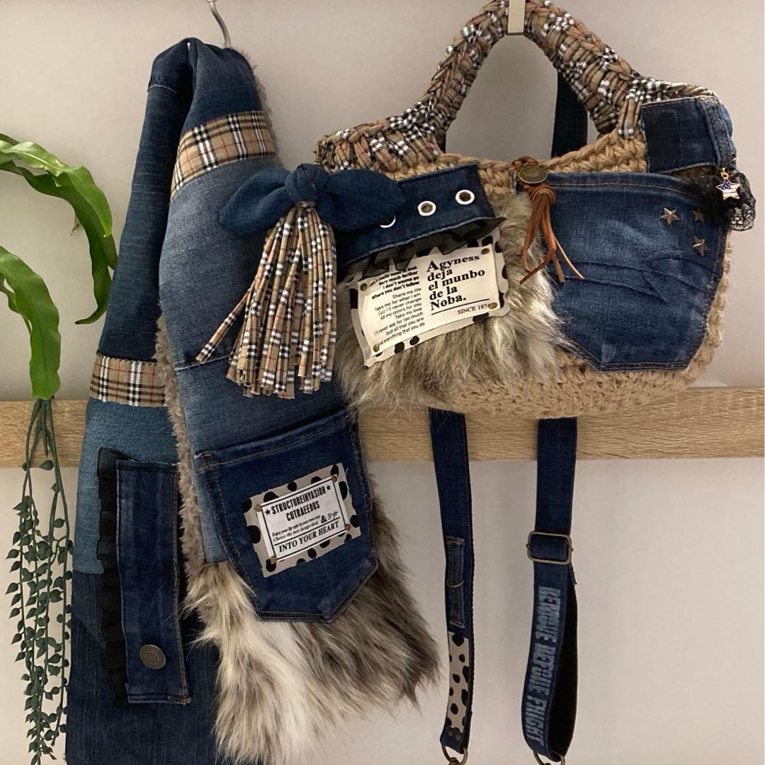 ハンドメイドバッグ デニムリメイクバッグ リメイクマフラー Hiroko