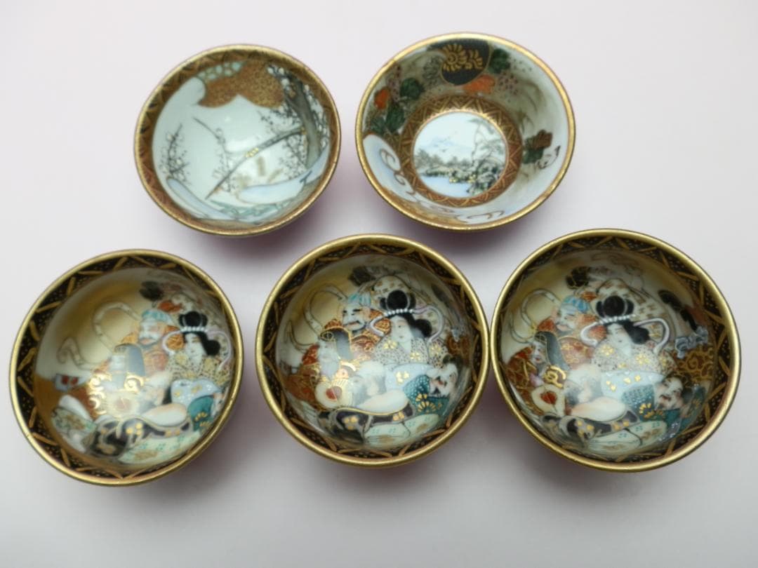 九谷 金彩盃 風景紋 七福神紋 ２種５客セット E71224