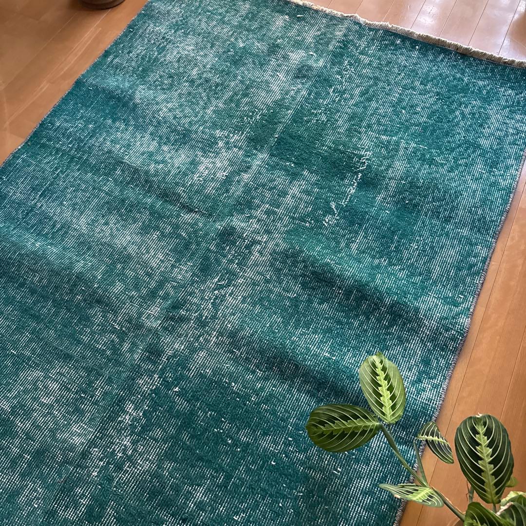 102.5×190 深みあるグリーン　ワンカラーラグ　トルコヴィンテージラグ