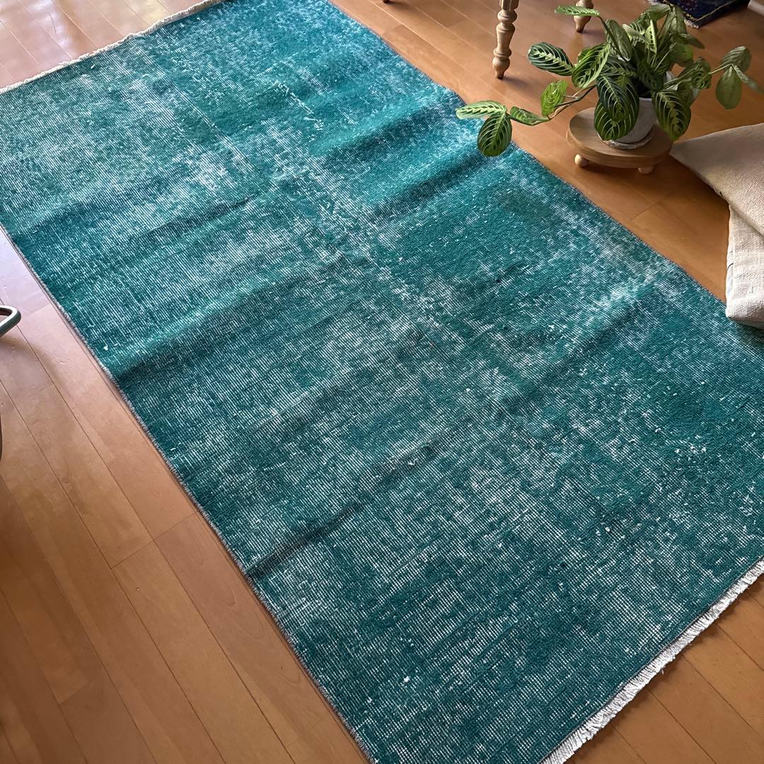 102.5×190 深みあるグリーン　ワンカラーラグ　トルコヴィンテージラグ