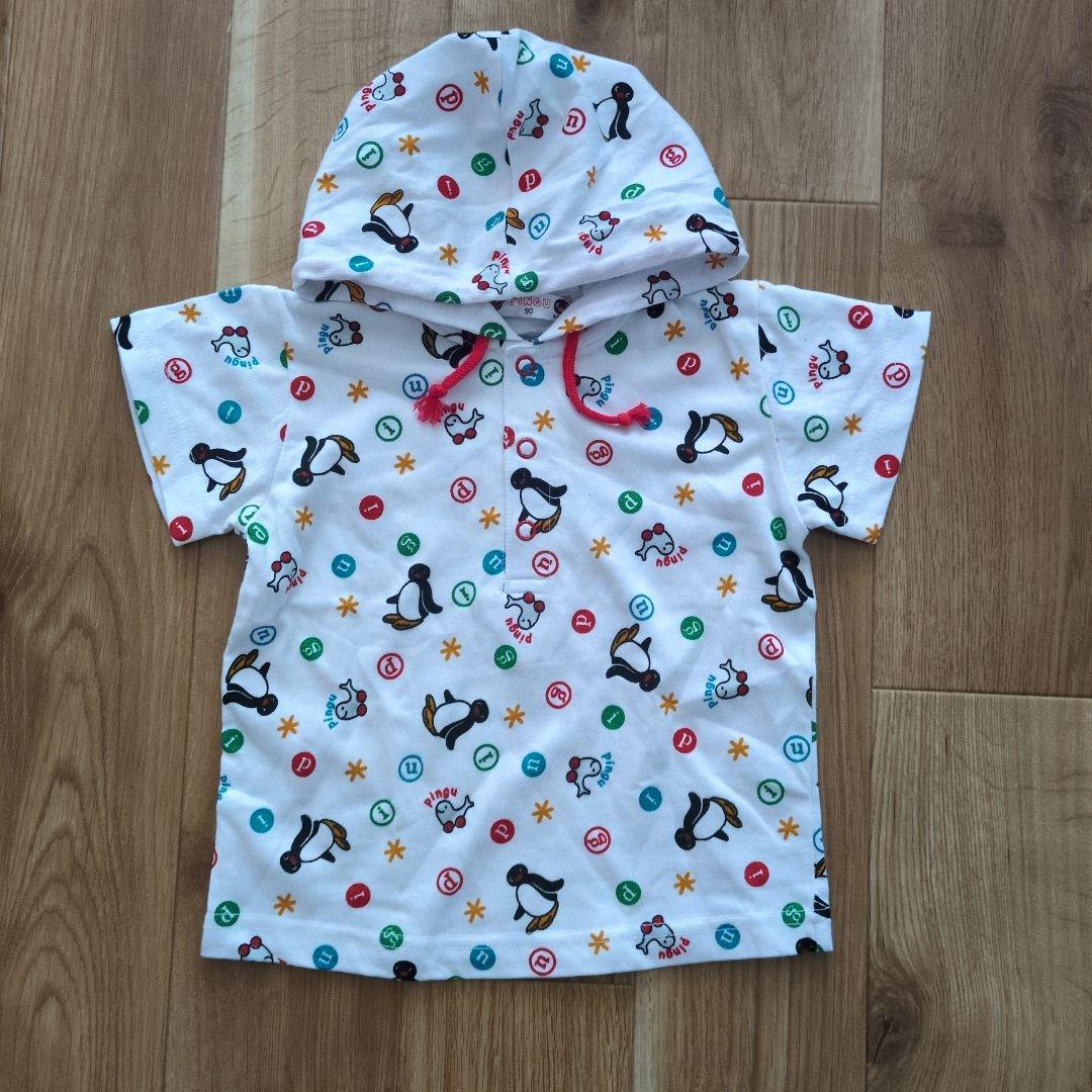 90サイズ　ピングー　フード付Ｔシャツ・デニムカバーオールセット　PINGU