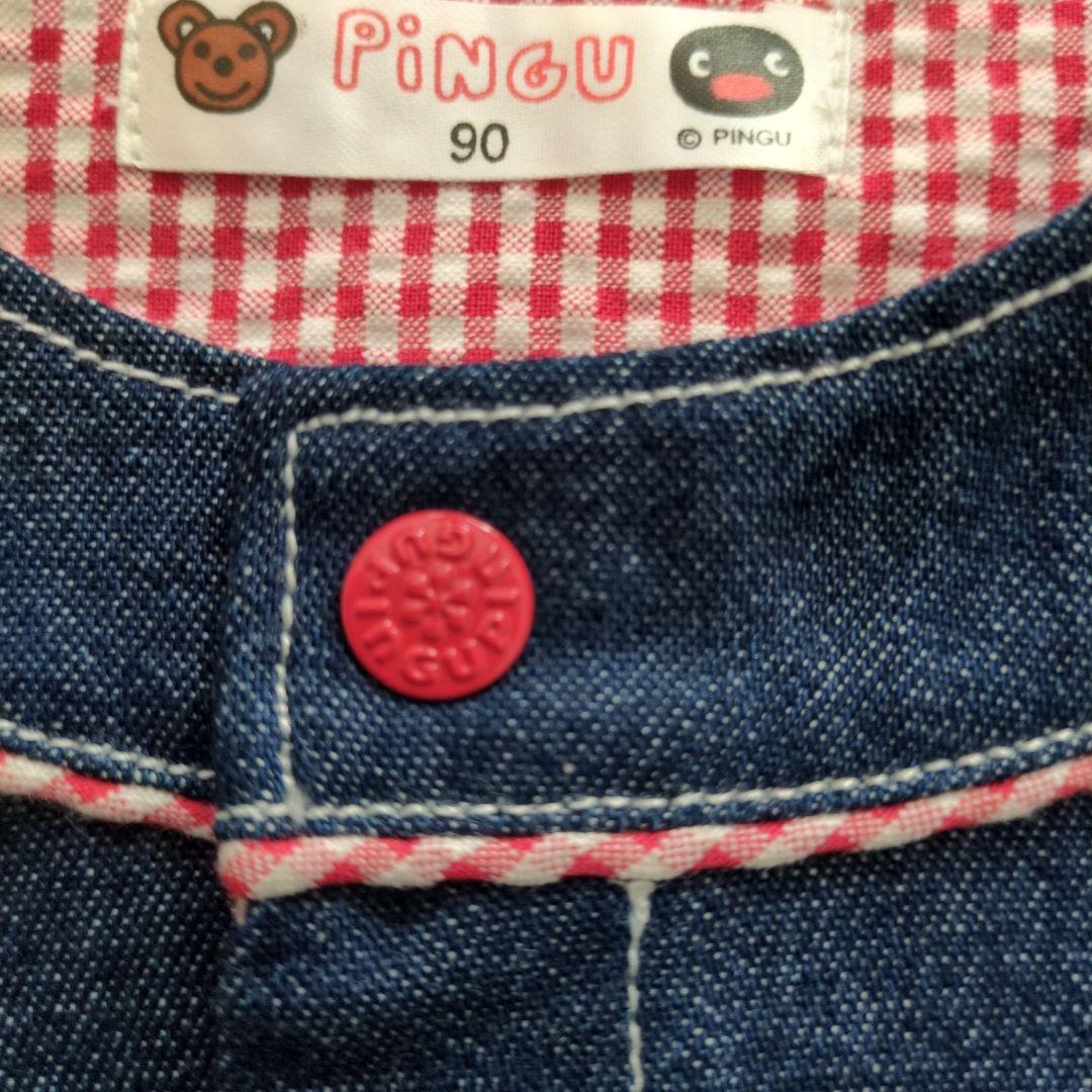 90サイズ　ピングー　フード付Ｔシャツ・デニムカバーオールセット　PINGU
