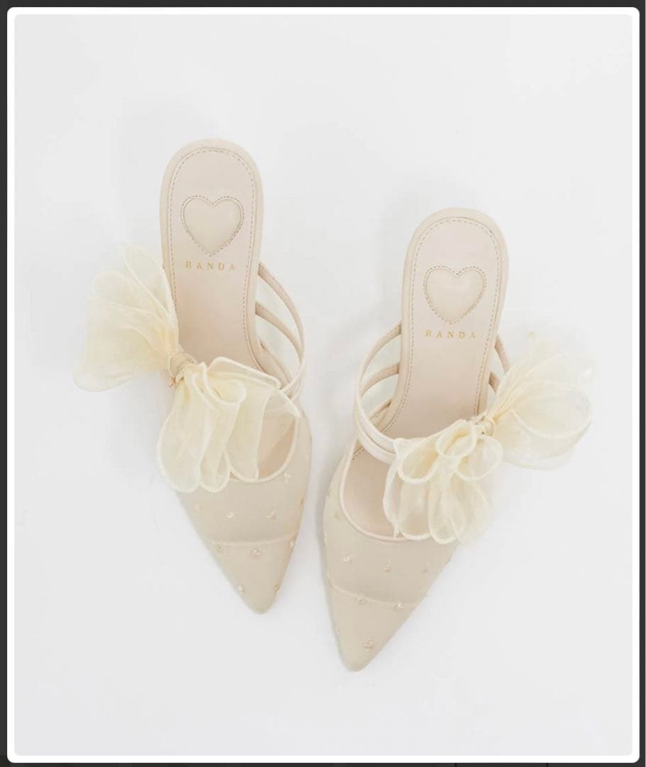 RANDA シフォンリボンハートミュールパンプス アイボリー　Sサイズ