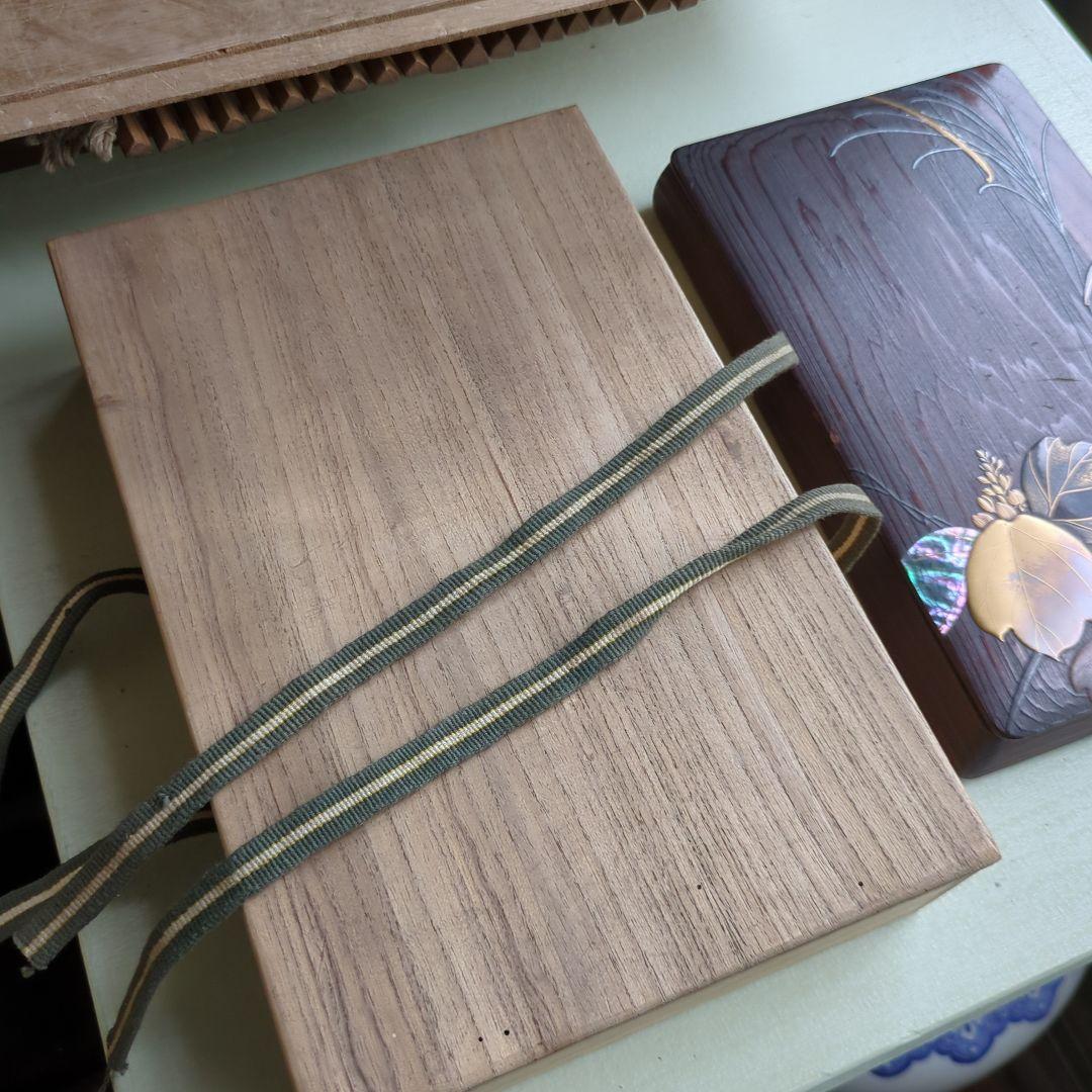 硯箱 桐の花 すすき 蒔絵 螺鈿 陶器 木製 桐 硯、水滴 筆置付 木箱 書