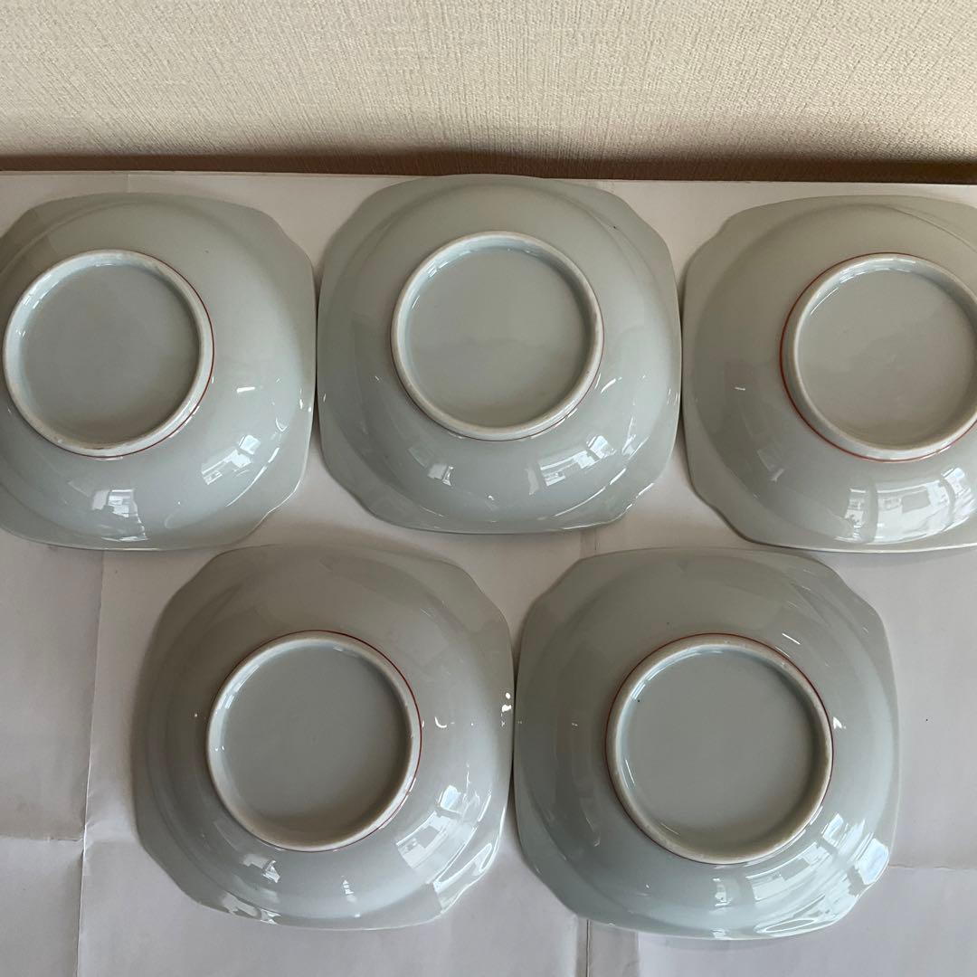 柿右衛門　色絵　梅に柴垣文角皿　五客組　江戸時代後期〜明治時代頃　名品