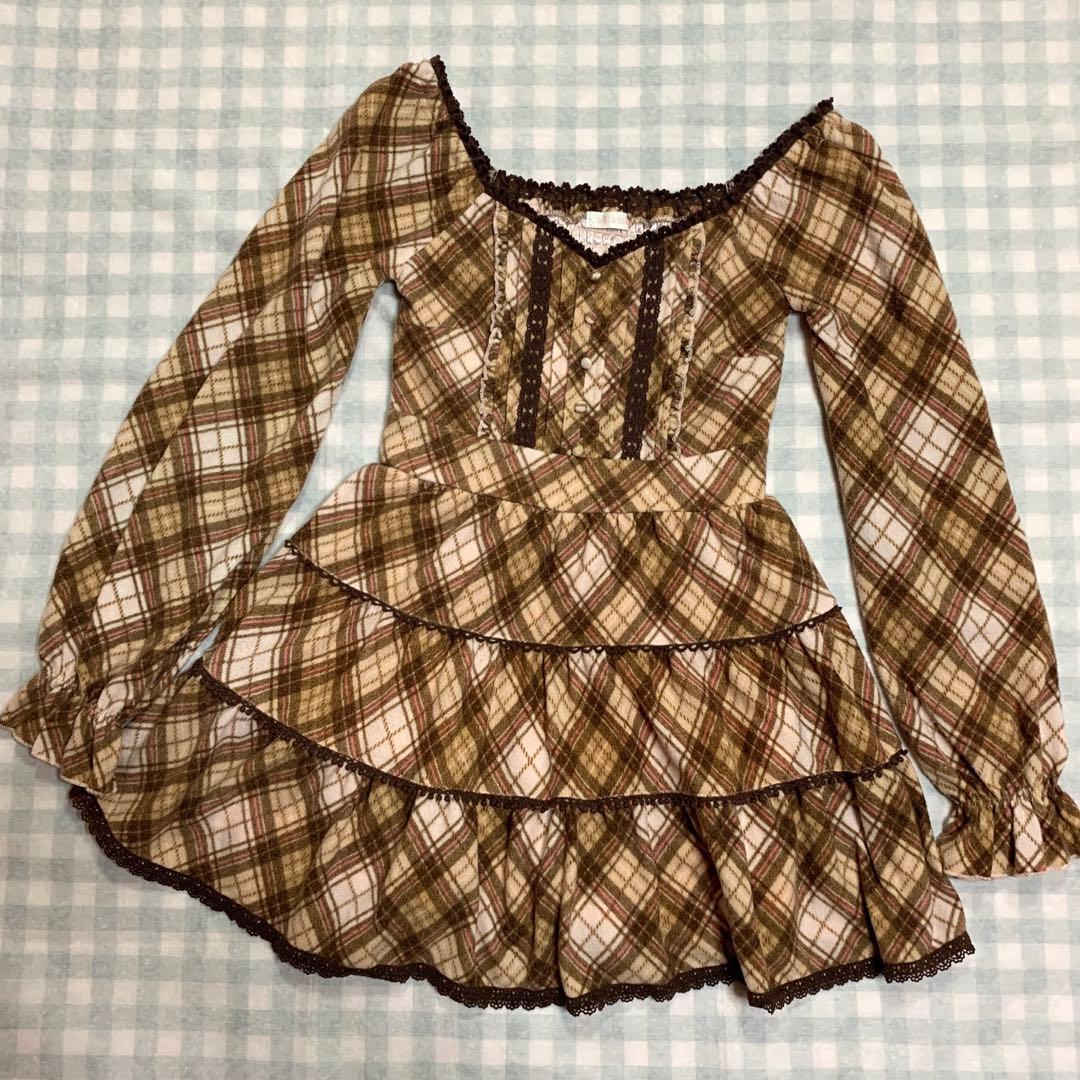 LIZLISA 希少 ブラウン ピンク チェック柄 起毛 フリル ワンピース