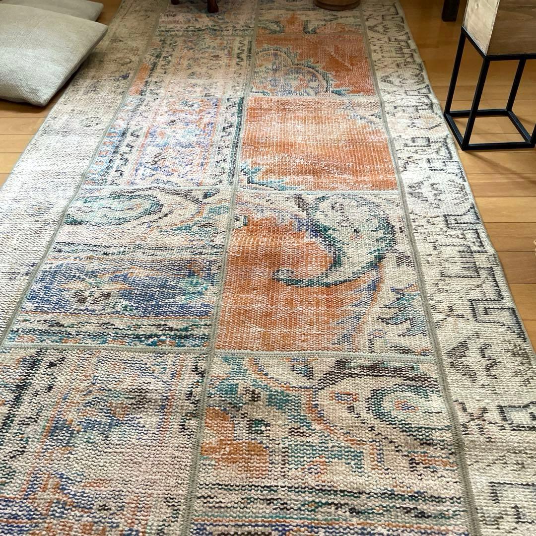 91×191優しいオレンジカラー　パッチワーク　トルコヴィンテージラグ
