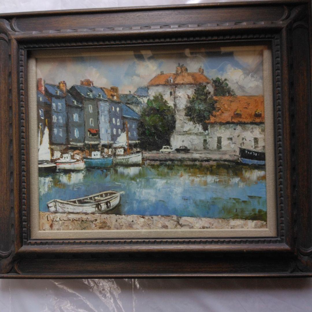 港の風景 油彩画 ダークブラウンフレーム