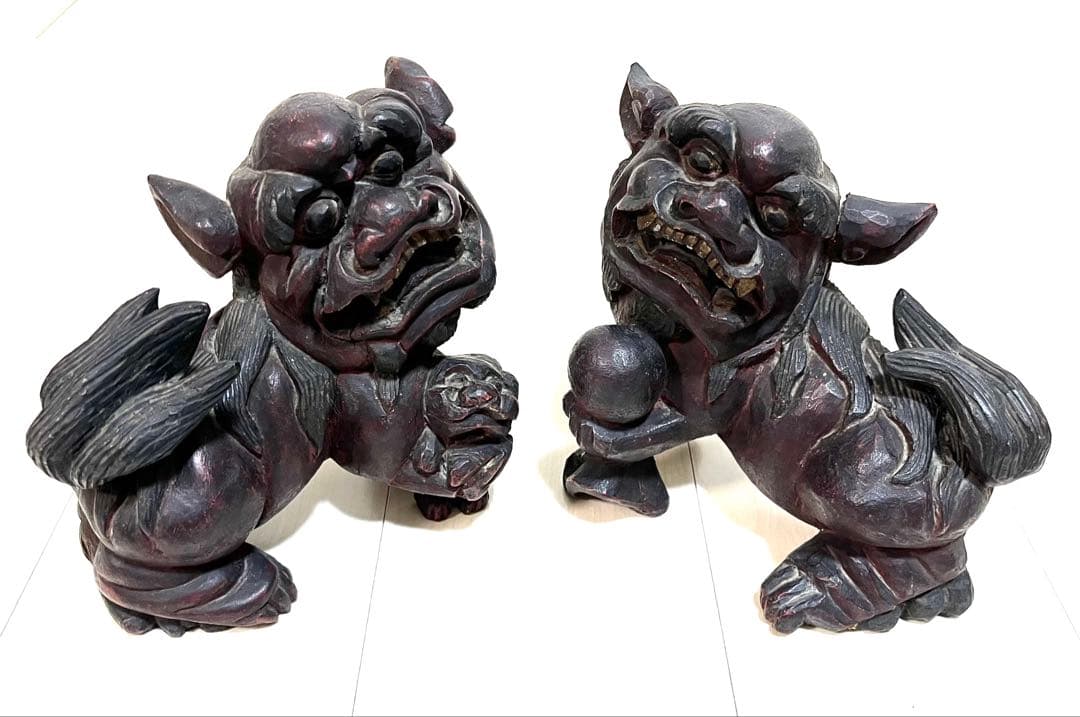稀少珍品☆木彫置物 狛犬 獅子 シーサー 子付き・玉持ち 縁起物 魔除け