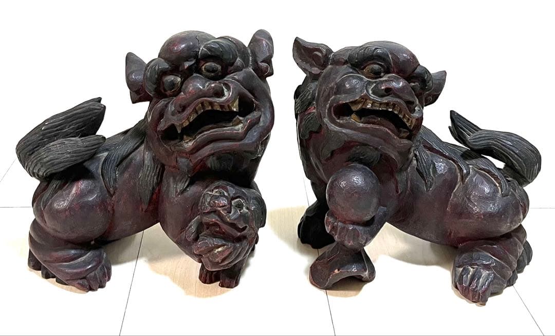 稀少珍品☆木彫置物 狛犬 獅子 シーサー 子付き・玉持ち 縁起物 魔除け
