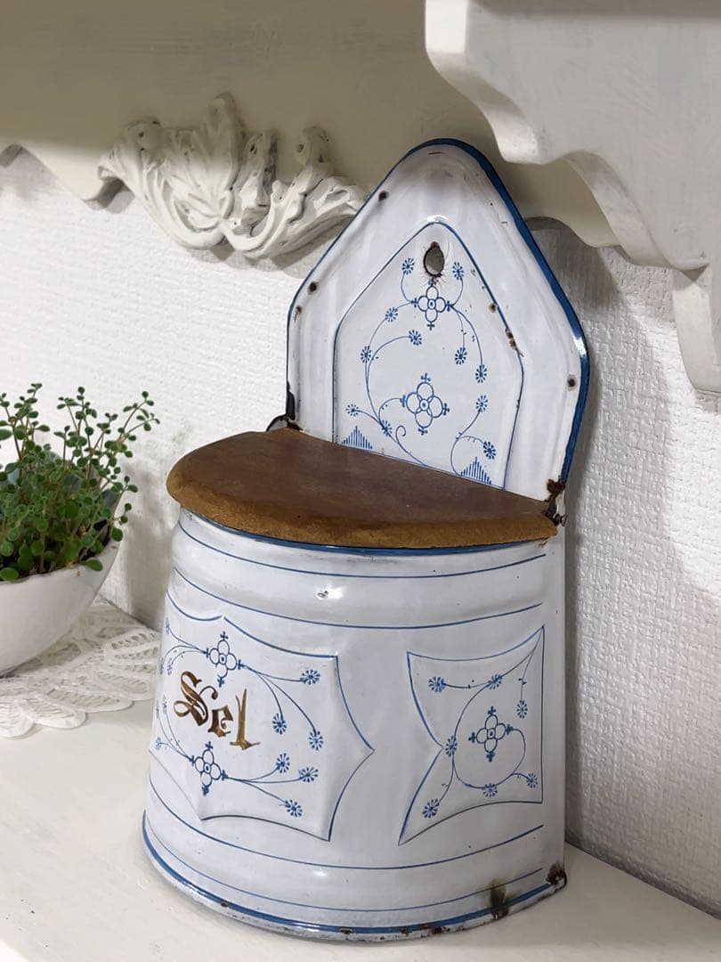 フレンチアンティーク＊サキソニー柄ホーローSel缶木製蓋＊レア