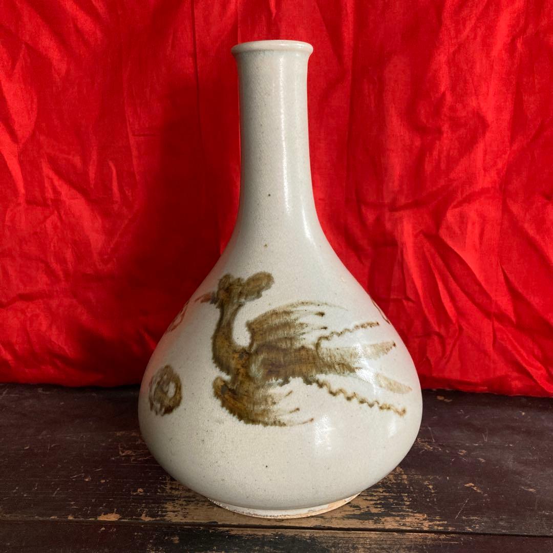 李朝　鉄砂　瓶　徳利　鳳凰文　箱付