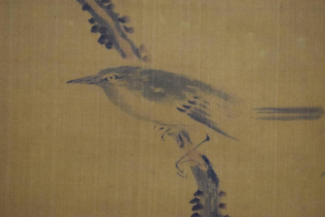 真作/田能村直入/小虎/梅に雀図/絹表装/布袋屋掛軸HG-81