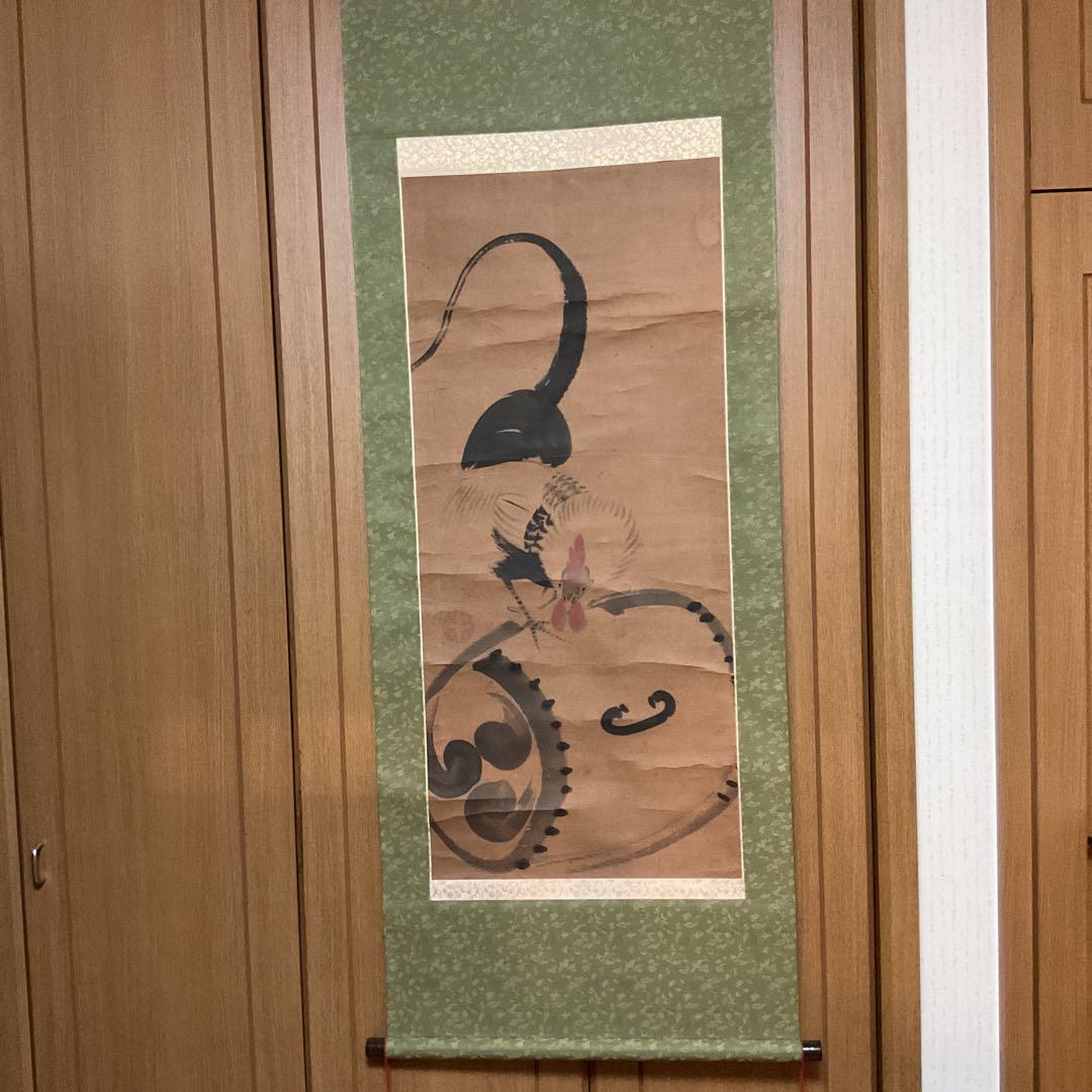 ダン吉伊藤若冲 紙本淡彩水墨画 【 鶏図 】 落款 若冲居士 落款印照合