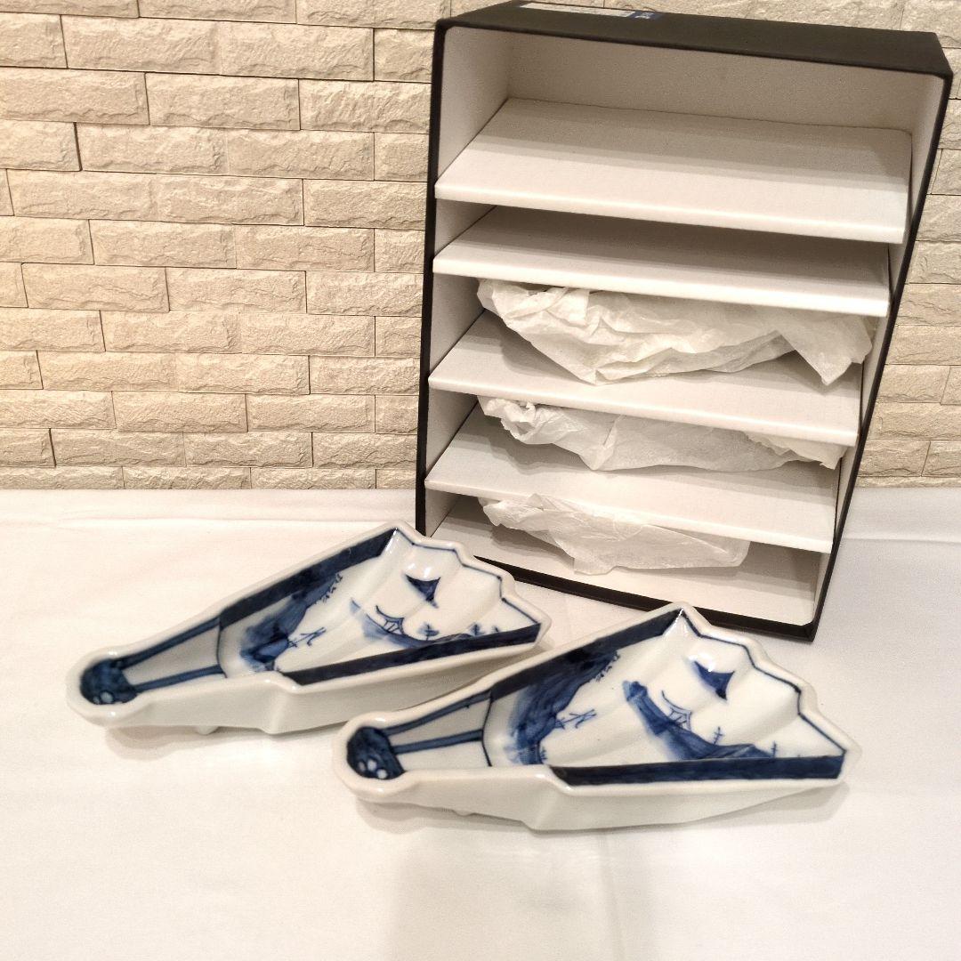 【値下げ】染付山水　半開扇　向付　青白磁　扇形皿　特選陶器５枚セット　箱入り