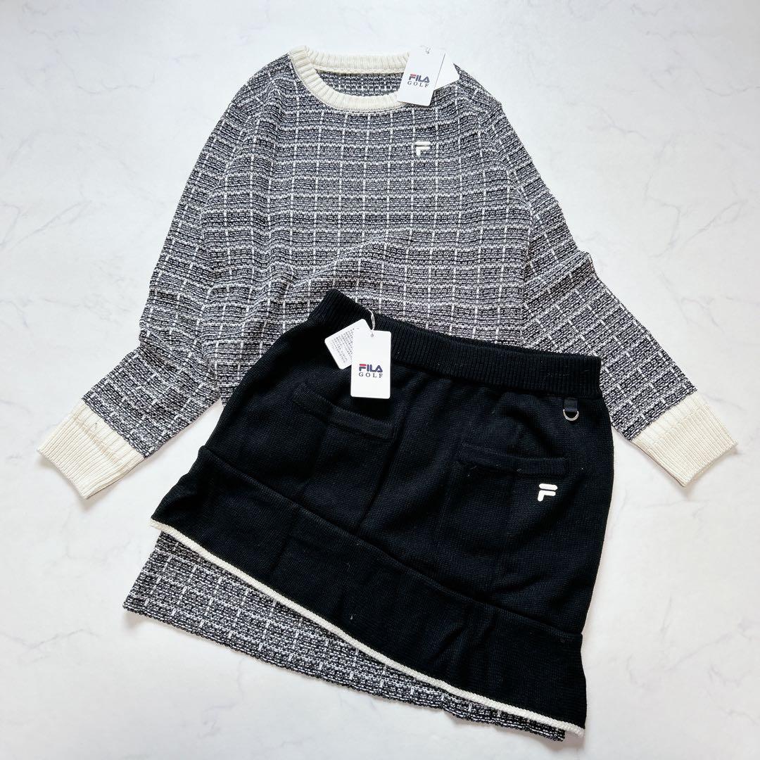 新品LLフィラFILA セーター スカート ゴルフセットアップ 2way 黒白