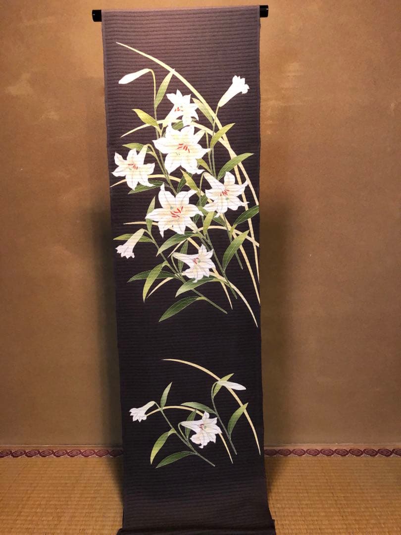 「お値下げ致しました。」単衣 夏染帯 百合 新品未仕立、生地は絽縮緬 仕立代込み