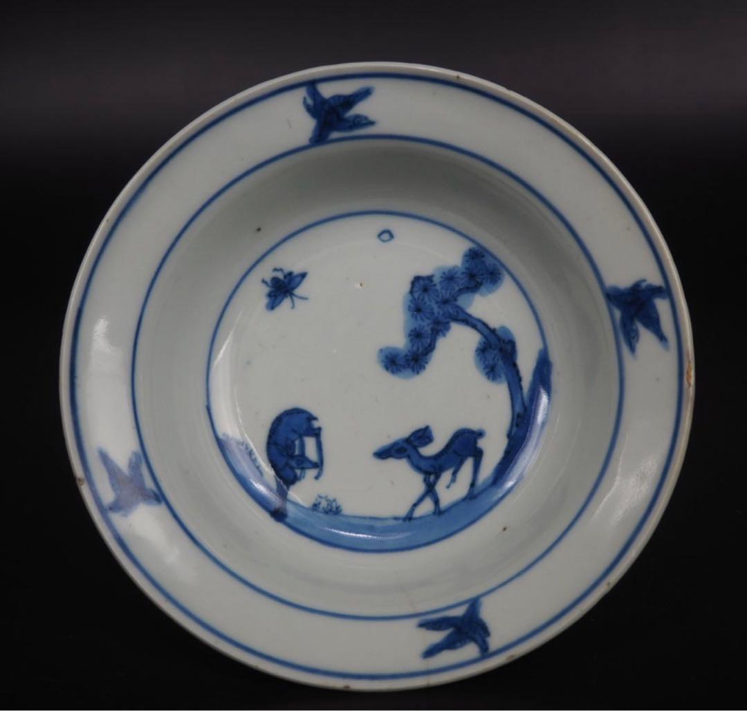 送料無料　明末～清初　松鹿鳥図染付碗　径16.5ｃｍ　中国古玩