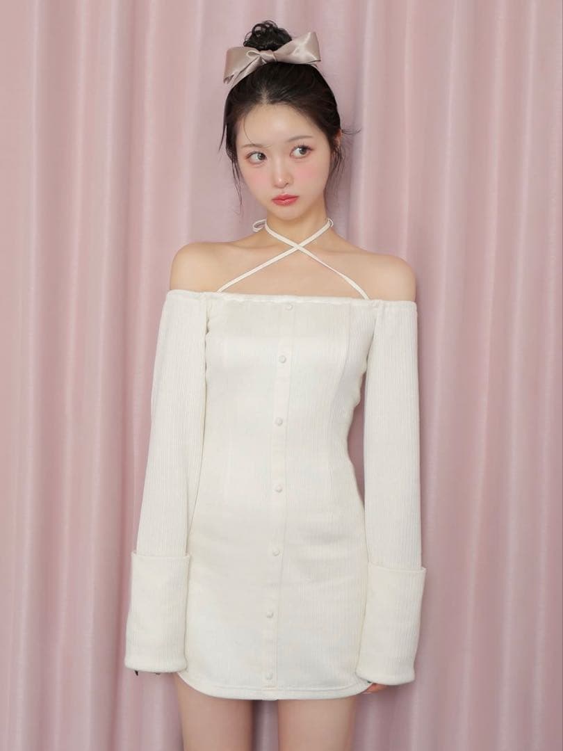 今月中値下げ⭐︎M me eme 2wayフェザーカラーミニワンピースアイボリー