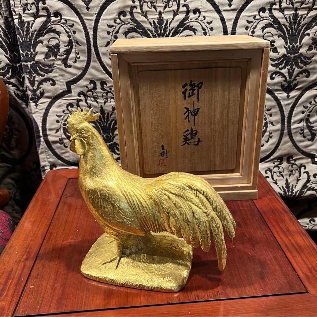 富永直樹 定価25万ブロンズ製 金箔仕上げ 御神鷄 ひとみ桐箱付　酉　インテリア