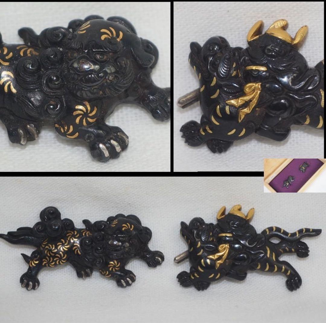 もひさ送料無料コレクター放出品江戸時代金銀象嵌獅子武士図目貫2点刀装具木箱