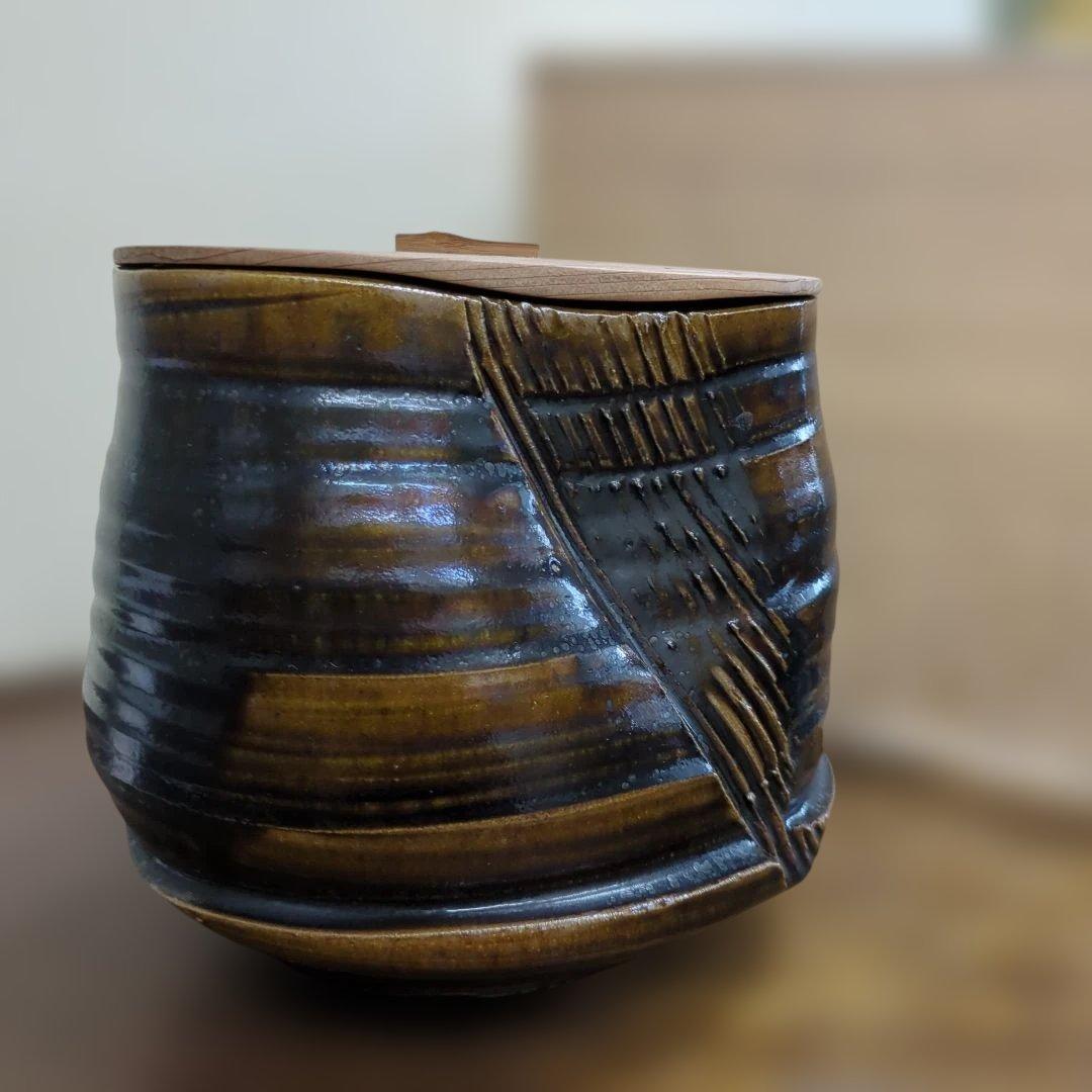 水指　木製蓋付き 瀬戸　水野双鶴　茶道具　茶道　陶器　木箱大振り