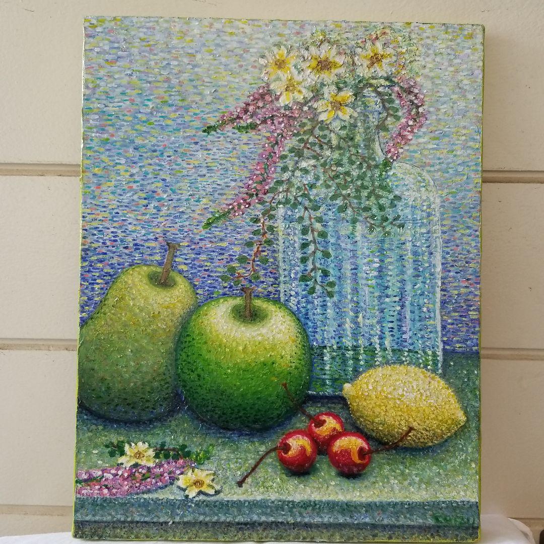 油絵　まろん　点で描いた静物