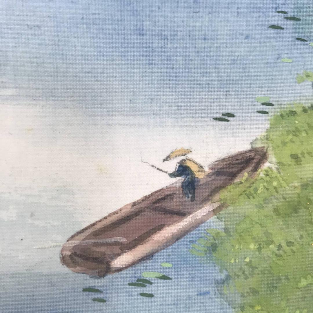 【真作】堀江春斎/水郷/山水図/横物/春湖漁舟図/掛軸☆宝船☆AB-500