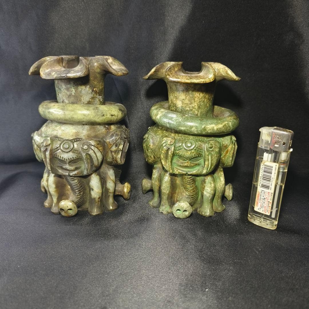 中国骨董 玉香炉一対 天然石 遊環 四面神獣立像 手彫り 作家物 風水 古美術品