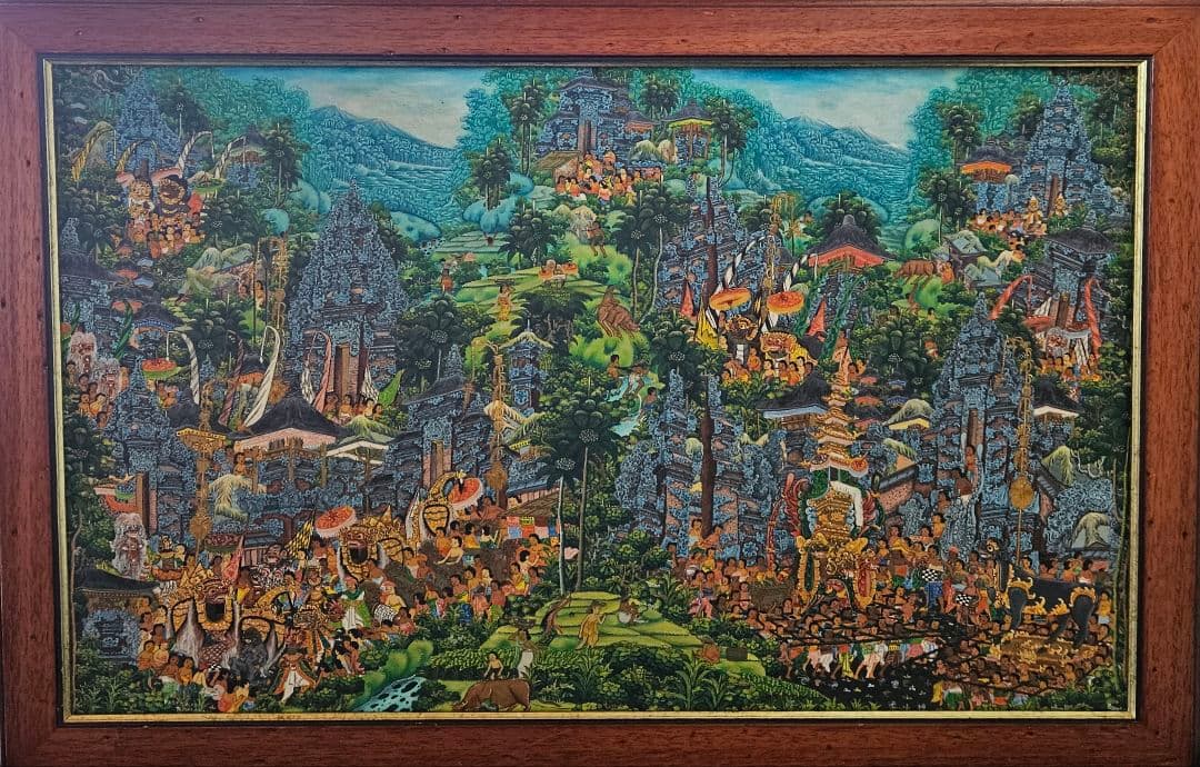 バリの風景 油彩画 PADE KETUT BONGKASO　 寺院お祭り図　額装