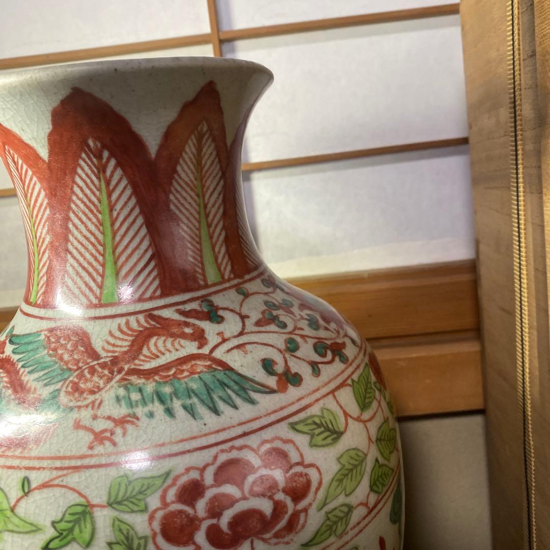 中国古玩　色絵鳳凰龍図花瓶【桐箱付】