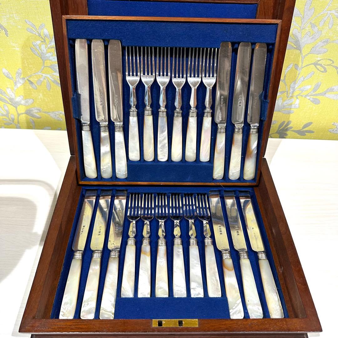 英国製/白蝶貝 マザーオブパール フルーツナイフ＆フォーク 24本 木箱入