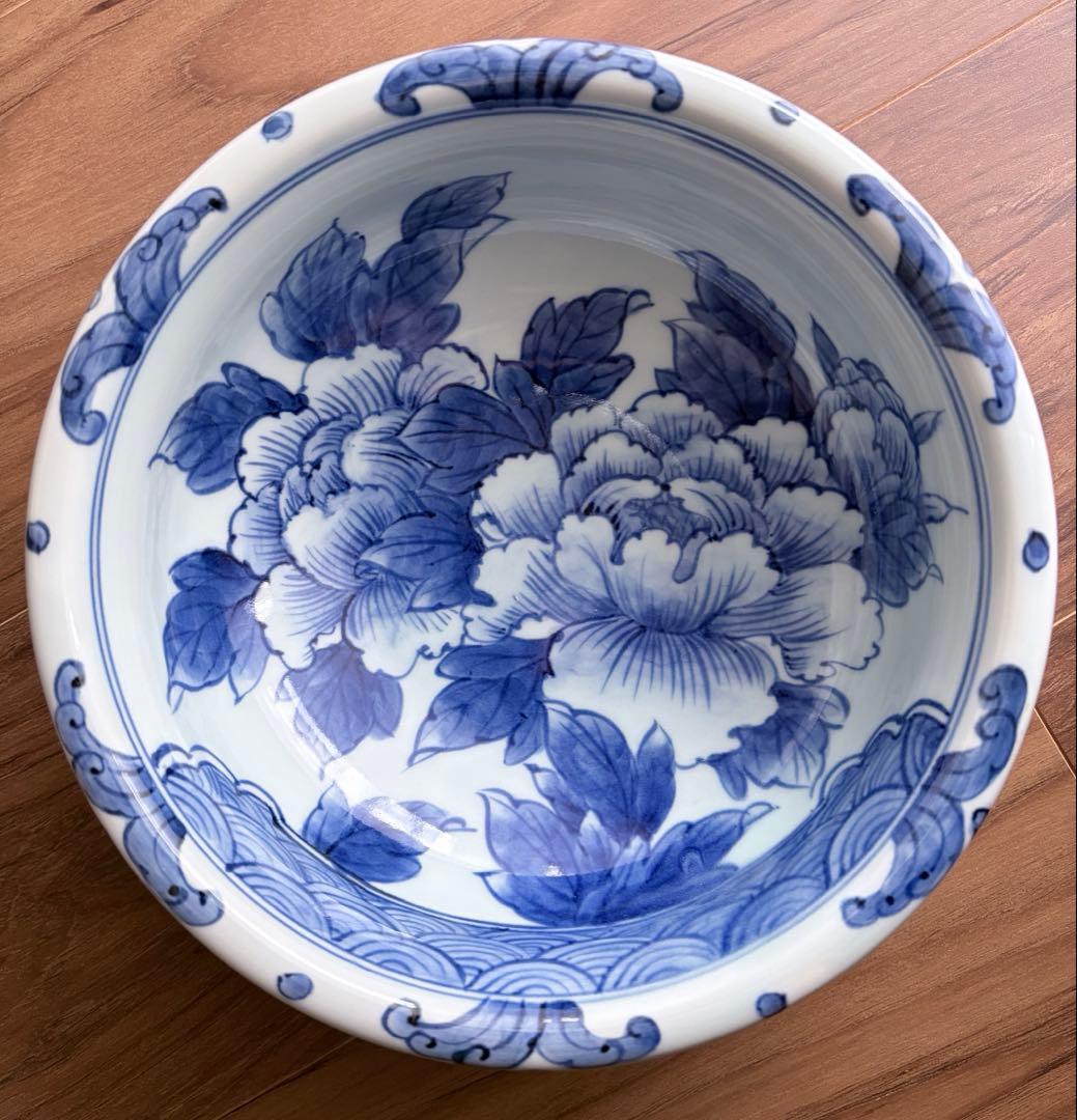未使用 有田焼 一作窯 染付牡丹青海波 鉢 作家物 山口清久 手描き 古染付