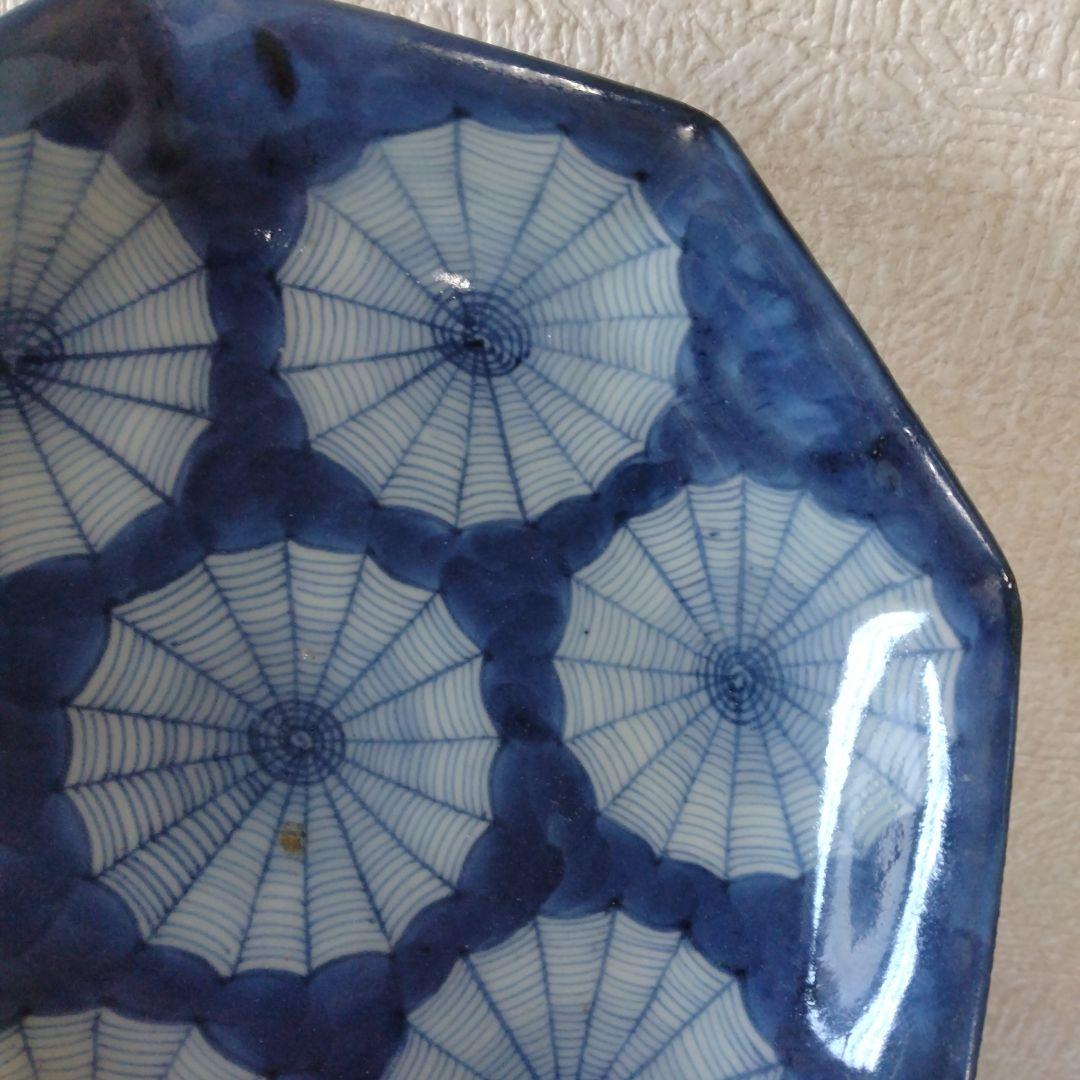 古伊万里染付蜘蛛の巣文様瑠璃八角皿江戸時代