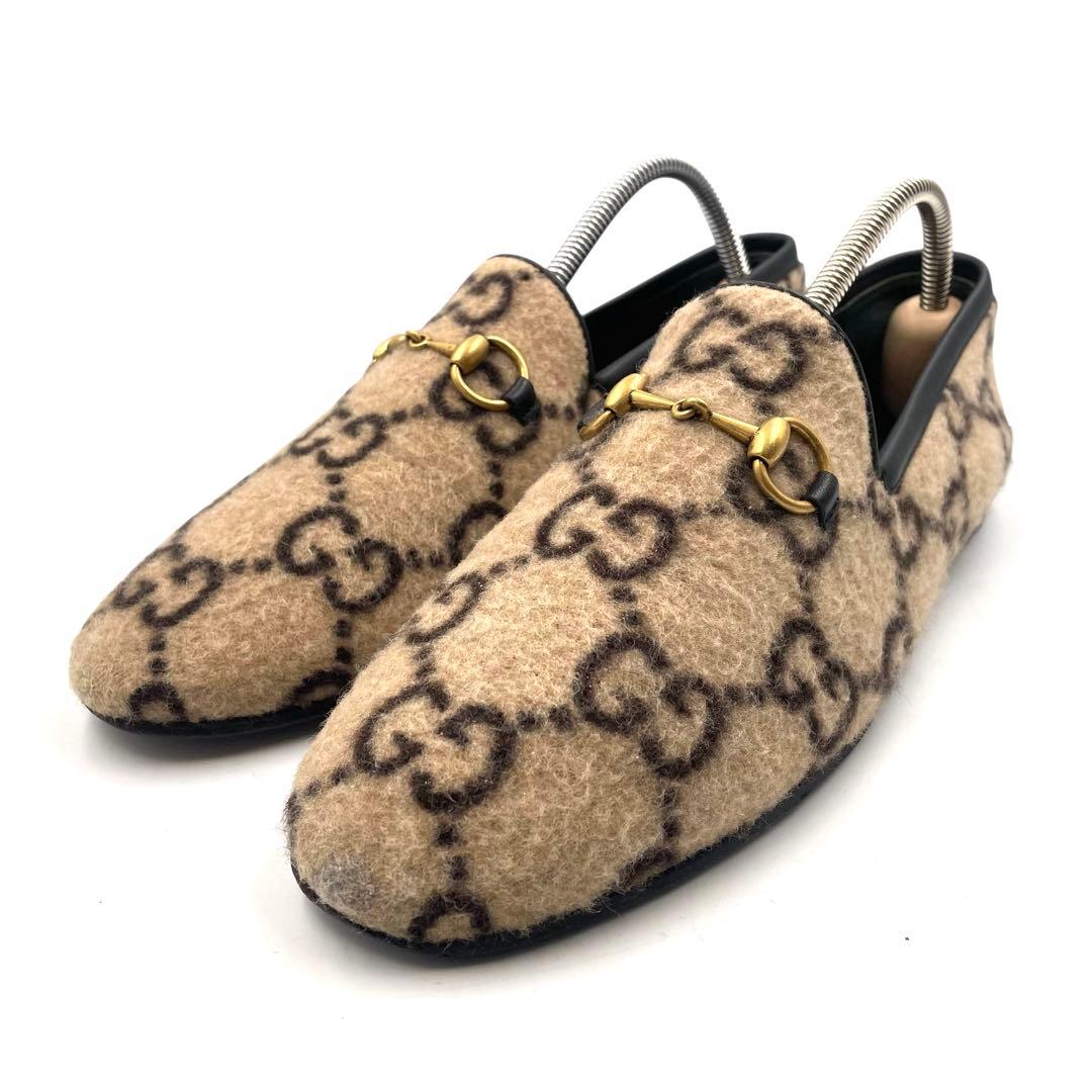 《超美品》グッチ ホース ビット ローファー GG柄 ウール フェルト ベージュ
