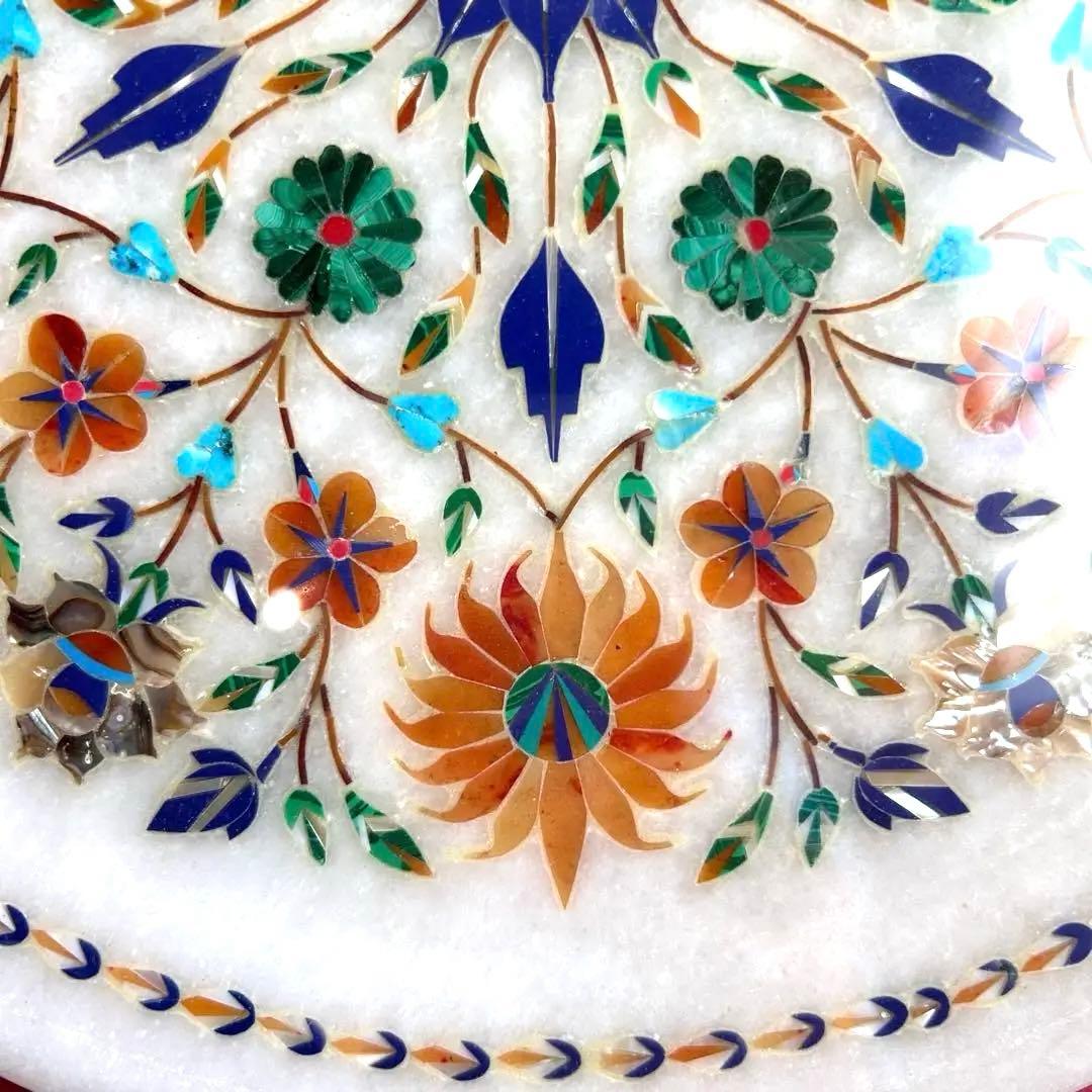 インド　大理石　象嵌細工 螺細　飾り皿　額装