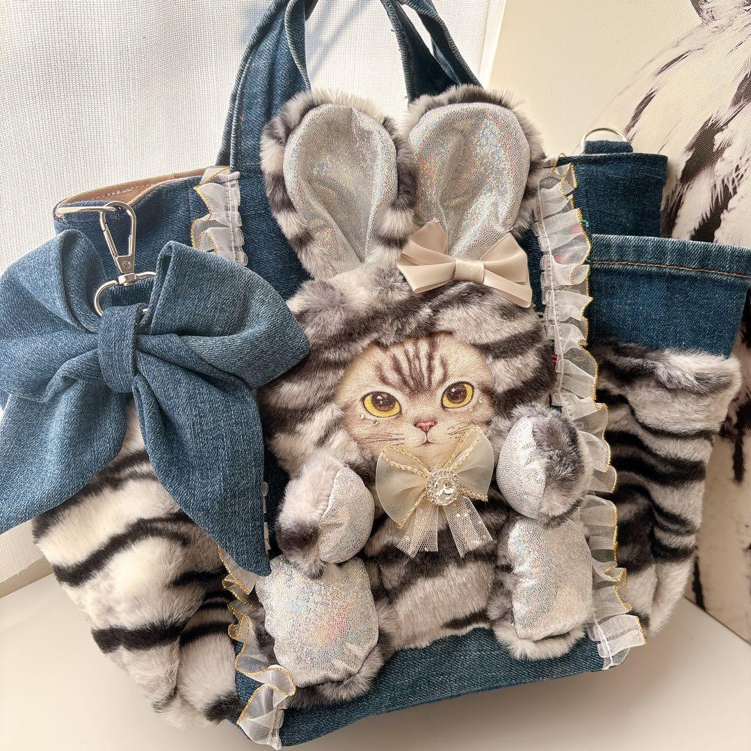 m*e様 コヤンイサムチョン　バッグ　アメショ風　タビー柄　ハンドメイド　デニム