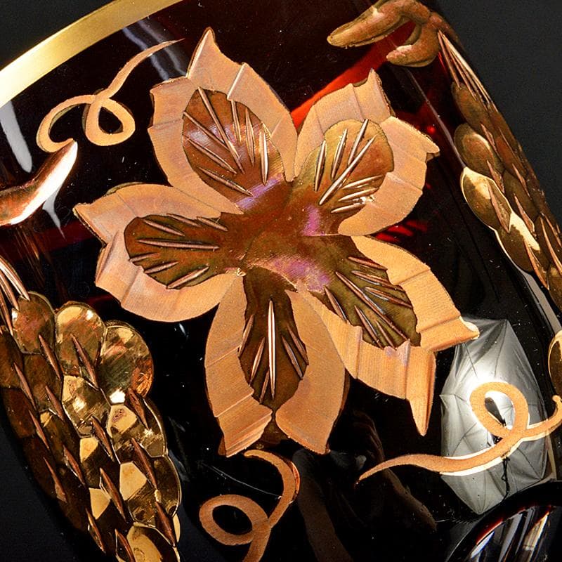 ボヘミアガラス　金彩　レッド　葡萄文　ワイングラス　ペア　M　R6069