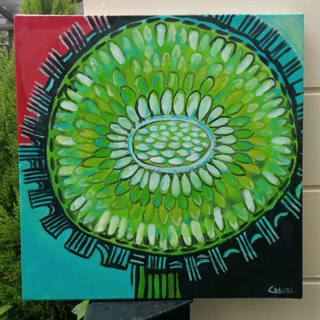 油絵　あらんぼん　小さな植物の中心部の世界　ボタニカルアート　ポップアート